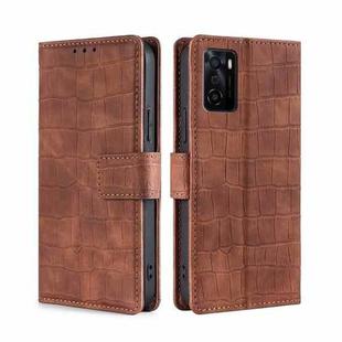 For OPPO A55s 5G Skin Feel Crocodile Texture Magnetic Clasp PU Leather Phone Case(Brown)