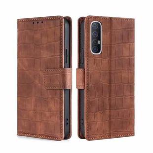 For OPPO Reno3 5G Japanese Version Skin Feel Crocodile Texture Magnetic Clasp PU Leather Phone Case(Brown)