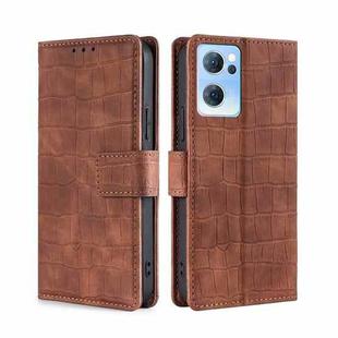 For OPPO Reno7 5G Skin Feel Crocodile Texture Magnetic Clasp PU Leather Phone Case(Brown)