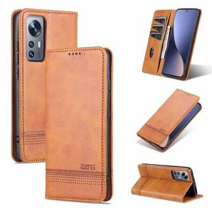 For Xiaomi 12 / 12X AZNS Magnetic Calf Texture Flip Leather Phone Case(Light Brown)
