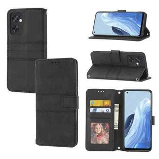 For OPPO Reno7 5G Embossed Striped Magnetic Buckle Horizontal Flip Phone Leather Case(Black)