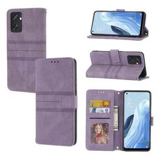 For OPPO Reno7 SE 5G Embossed Striped Magnetic Buckle Horizontal Flip Phone Leather Case(Purple)