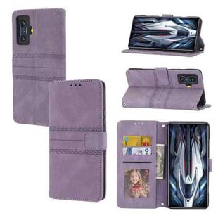 For Xiaomi Redmi K50 Gaming Embossed Striped Magnetic Buckle Horizontal Flip Phone Leather Case(Purple)