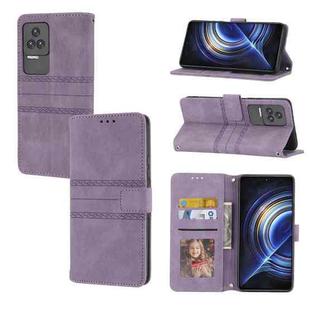 For Xiaomi Redmi K50 Pro Embossed Striped Magnetic Buckle Horizontal Flip Phone Leather Case(Purple)