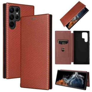 For Samsung Galaxy S22 Ultra 5G Carbon Fiber Texture Horizontal Flip Leather Phone Case(Brown)