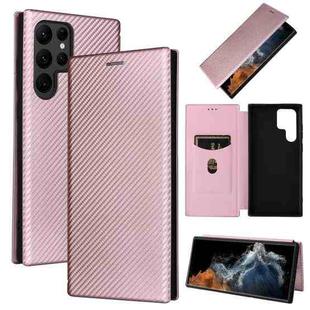 For Samsung Galaxy S22 Ultra 5G Carbon Fiber Texture Horizontal Flip Leather Phone Case(Pink)