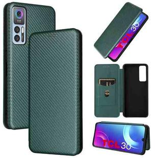 For TCL 30 5G / 30+ Carbon Fiber Texture Horizontal Flip Leather Phone Case(Green)
