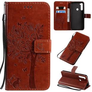 For Xiaomi Redmi Note 8T Tree & Cat Pattern Pressed Printing Horizontal Flip PU Leather Case with Holder & Card Slots & Wallet & Lanyard(Coffee)