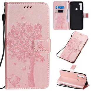 For Xiaomi Redmi Note 8T Tree & Cat Pattern Pressed Printing Horizontal Flip PU Leather Case with Holder & Card Slots & Wallet & Lanyard(Rose Gold)