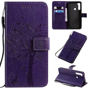 For Xiaomi Redmi Note 8T Tree & Cat Pattern Pressed Printing Horizontal Flip PU Leather Case with Holder & Card Slots & Wallet & Lanyard(Purple)