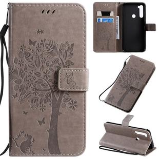 For Xiaomi Redmi Note 8T Tree & Cat Pattern Pressed Printing Horizontal Flip PU Leather Case with Holder & Card Slots & Wallet & Lanyard(Grey)