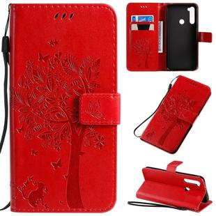 For Xiaomi Redmi Note 8T Tree & Cat Pattern Pressed Printing Horizontal Flip PU Leather Case with Holder & Card Slots & Wallet & Lanyard(Red)