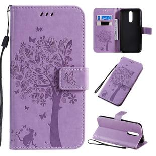 For Xiaomi Redmi 8 Tree & Cat Pattern Pressed Printing Horizontal Flip PU Leather Case with Holder & Card Slots & Wallet & Lanyard(Light Purple)