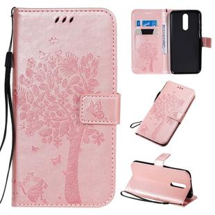 For Xiaomi Redmi 8 Tree & Cat Pattern Pressed Printing Horizontal Flip PU Leather Case with Holder & Card Slots & Wallet & Lanyard(Rose Gold)