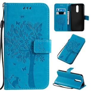 For Xiaomi Redmi 8 Tree & Cat Pattern Pressed Printing Horizontal Flip PU Leather Case with Holder & Card Slots & Wallet & Lanyard(Blue)