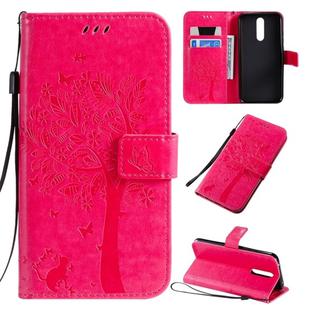 For Xiaomi Redmi 8 Tree & Cat Pattern Pressed Printing Horizontal Flip PU Leather Case with Holder & Card Slots & Wallet & Lanyard(Rose Red)