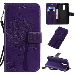 For Xiaomi Redmi 8 Tree & Cat Pattern Pressed Printing Horizontal Flip PU Leather Case with Holder & Card Slots & Wallet & Lanyard(Purple)