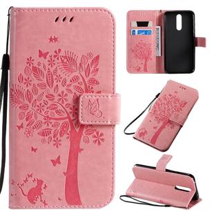 For Xiaomi Redmi 8 Tree & Cat Pattern Pressed Printing Horizontal Flip PU Leather Case with Holder & Card Slots & Wallet & Lanyard(Pink)