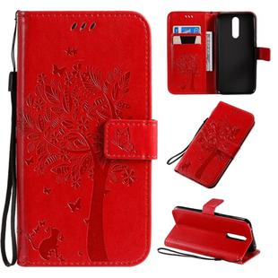 For Xiaomi Redmi 8 Tree & Cat Pattern Pressed Printing Horizontal Flip PU Leather Case with Holder & Card Slots & Wallet & Lanyard(Red)