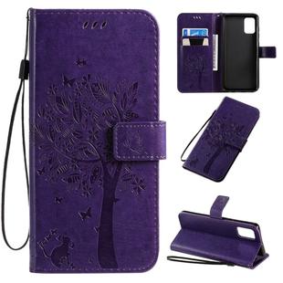 For Galaxy A71 Tree & Cat Pattern Pressed Printing Horizontal Flip PU Leather Case with Holder & Card Slots & Wallet & Lanyard(Purple)