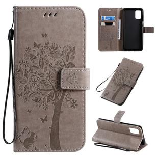 For Galaxy A71 Tree & Cat Pattern Pressed Printing Horizontal Flip PU Leather Case with Holder & Card Slots & Wallet & Lanyard(Grey)