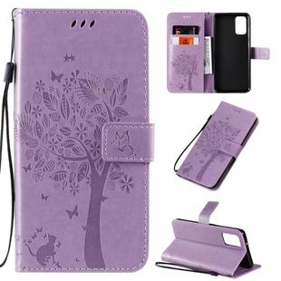 For Galaxy S20+ Tree & Cat Pattern Pressed Printing Horizontal Flip PU Leather Case with Holder & Card Slots & Wallet & Lanyard(Light Purple)