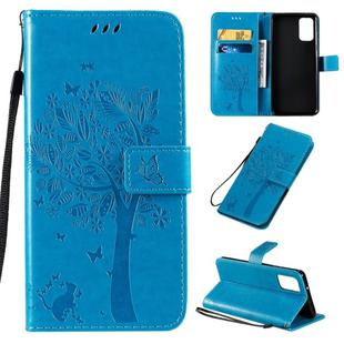 For Galaxy S20+ Tree & Cat Pattern Pressed Printing Horizontal Flip PU Leather Case with Holder & Card Slots & Wallet & Lanyard(Blue)