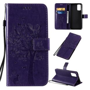 For Galaxy S20+ Tree & Cat Pattern Pressed Printing Horizontal Flip PU Leather Case with Holder & Card Slots & Wallet & Lanyard(Purple)