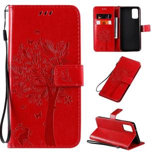 For Galaxy S20+ Tree & Cat Pattern Pressed Printing Horizontal Flip PU Leather Case with Holder & Card Slots & Wallet & Lanyard(Red)