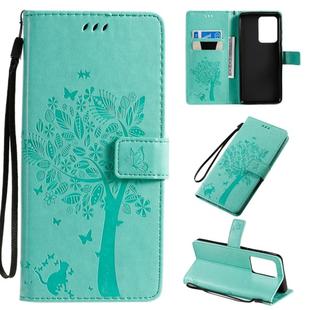 For Galaxy S20 Ultra Tree & Cat Pattern Pressed Printing Horizontal Flip PU Leather Case with Holder & Card Slots & Wallet & Lanyard(Green)