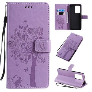 For Galaxy S20 Ultra Tree & Cat Pattern Pressed Printing Horizontal Flip PU Leather Case with Holder & Card Slots & Wallet & Lanyard(Light Purple)