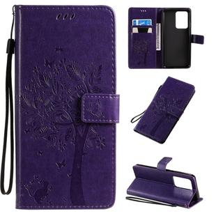 For Galaxy S20 Ultra Tree & Cat Pattern Pressed Printing Horizontal Flip PU Leather Case with Holder & Card Slots & Wallet & Lanyard(Purple)