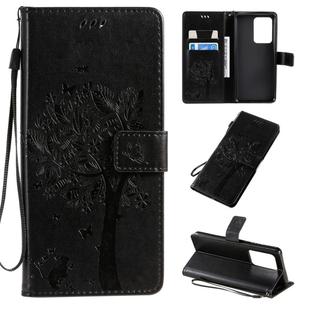 For Galaxy S20 Ultra Tree & Cat Pattern Pressed Printing Horizontal Flip PU Leather Case with Holder & Card Slots & Wallet & Lanyard(Black)