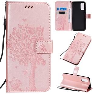 For Galaxy S20 Tree & Cat Pattern Pressed Printing Horizontal Flip PU Leather Case with Holder & Card Slots & Wallet & Lanyard(Rose Gold)