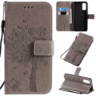 For Galaxy S20 Tree & Cat Pattern Pressed Printing Horizontal Flip PU Leather Case with Holder & Card Slots & Wallet & Lanyard(Grey)