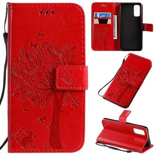 For Galaxy S20 Tree & Cat Pattern Pressed Printing Horizontal Flip PU Leather Case with Holder & Card Slots & Wallet & Lanyard(Red)