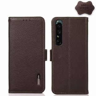 For Sony Xperia 1 IV KHAZNEH Side-Magnetic Litchi Genuine Leather RFID Phone Case(Brown)