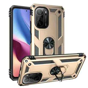 For Xiaomi Poco F3 Shockproof TPU + PC Phone Case with 360 Degree Rotating Holder(Gold)