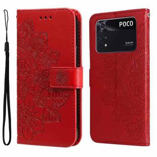 For Xiaomi Poco M4 Pro 4G 7-petal Flowers Embossing Pattern Horizontal Flip Leather Case(Red)
