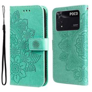 For Xiaomi Poco M4 Pro 4G 7-petal Flowers Embossing Pattern Horizontal Flip Leather Case(Green)