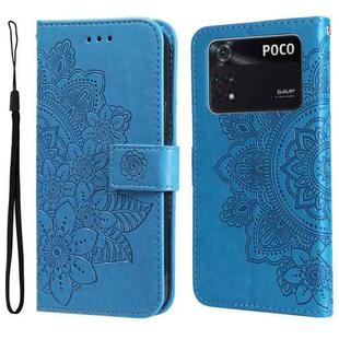 For Xiaomi Poco M4 Pro 4G 7-petal Flowers Embossing Pattern Horizontal Flip Leather Case(Blue)