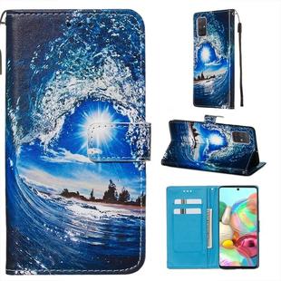 For Galaxy A71 Colored Drawing Pattern Plain Weave Horizontal Flip Leather Case with Holder & Card Slot & Wallet&Lanyard(Waves and Sun)