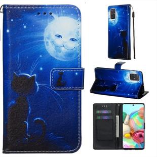 For Galaxy A71 Colored Drawing Pattern Plain Weave Horizontal Flip Leather Case with Holder & Card Slot & Wallet&Lanyard(Cat and Sun)