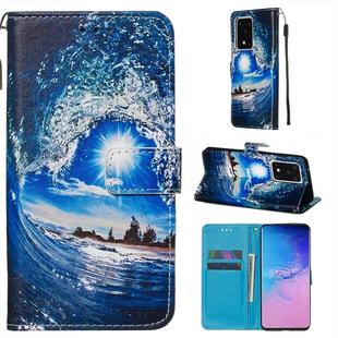 For Galaxy S20 Ultra Colored Drawing Pattern Plain Weave Horizontal Flip Leather Case with Holder & Card Slot & Wallet&Lanyard(Waves and Sun)