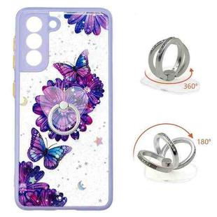 For Samsung Galaxy S22 5G Starry Sky Epoxy TPU Phone Case with Ring Holder(Purple Butterfly)