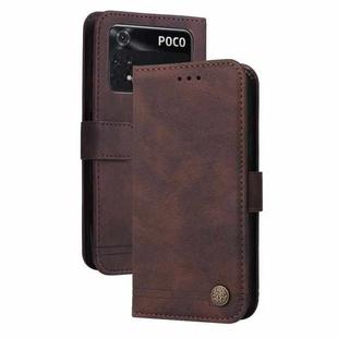 For Xiaomi Poco M4 Pro 4G Skin Feel Life Tree Metal Button Horizontal Flip Leather Case(Brown)