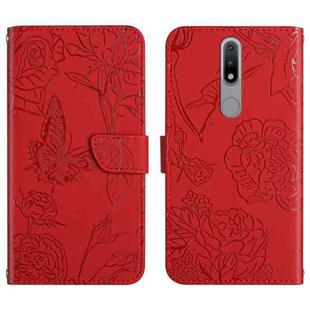 For Nokia 2.4 Skin Feel Butterfly Peony Embossed Leather Phone Case(Red)