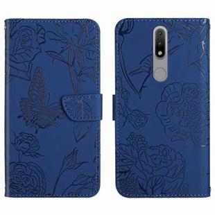 For Nokia 2.4 Skin Feel Butterfly Peony Embossed Leather Phone Case(Blue)