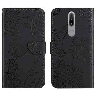For Nokia 2.4 Skin Feel Butterfly Peony Embossed Leather Phone Case(Black)