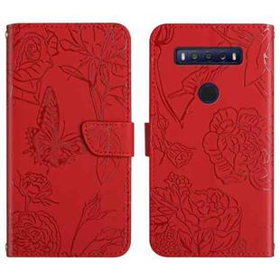 For TCL 10 SE Skin Feel Butterfly Peony Embossed Leather Phone Case(Red)